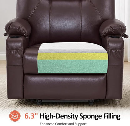MCombo Oversized Power Lift Recliner Chair for Elderly, Lift Chair with Heat and Massage for Big and Tall, USB&Type C Ports, Cup Holders, Faux Leather R7510 (Dark Brown, Large-Wide)