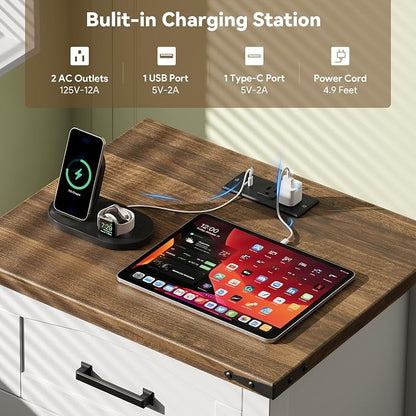 Decofy Farmhouse Nightstand Set of 2 with Charging Station, 18'' Wide Rustic End Table with USB/Type-C Ports, 3 Drawers, Wood Bedside Table for Bedroom, White