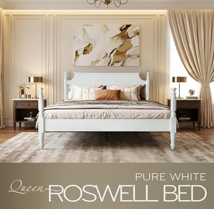 Solid Wood Queen Size Platform Frame, Headboard & Footboard, No Box Spring Needed, 12 Wooden Slats, Center Metal Legs, Slip-Free, Simple Assembly, Under Bed Storage, Pure White Finish, ROQ-39
