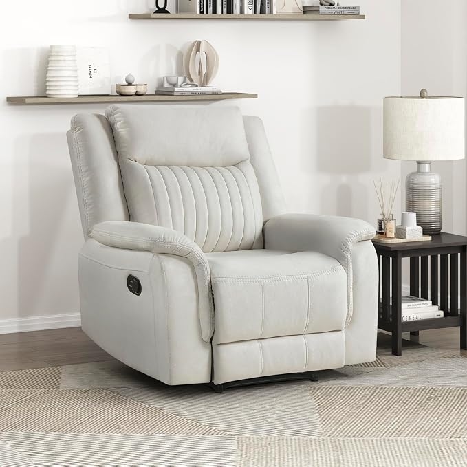 Lexicon Manual Recliner Chair, Polished Microfiber Reclining Sofa Chair, Home Theater Seating, Wall Hugger Manual Recliner for Living Room/Office/Apartment, Beige