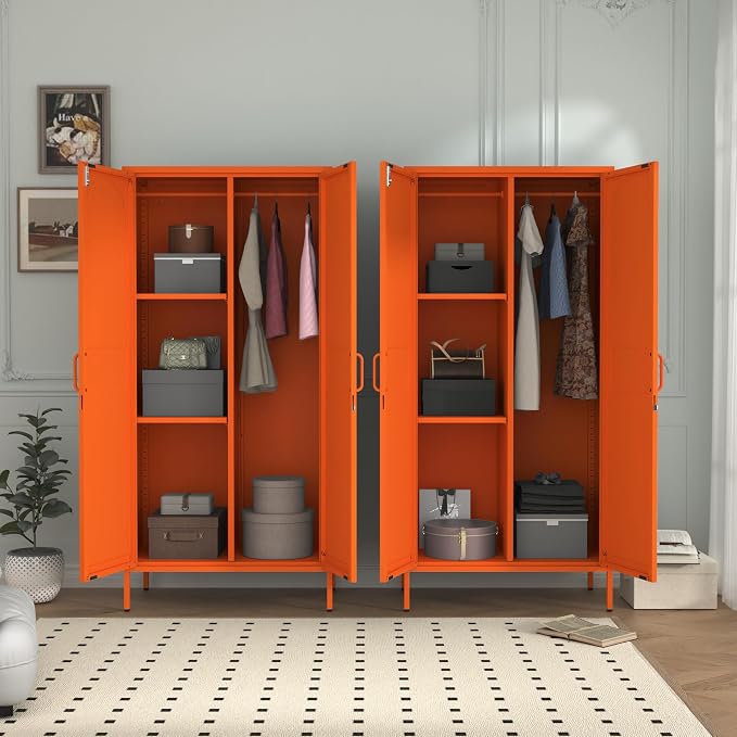 Lockable Closet Metal Wardrobe 67" Orange 2 Door Wardrobe Bedroom Storage Cabinet Adjustable shelf Multi functional metal Storage Cabinet with hanging rail for domestic use 18.1" D x 31.5" W x 67" H