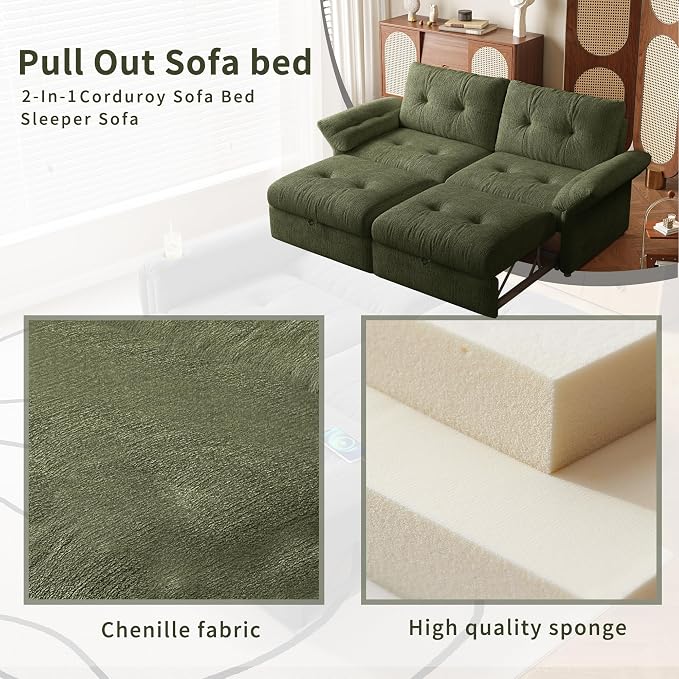 81.5" Pull Out Sofa Bed Full Size, Pre-Assembled Chenille Sleeper Sofa, Convertible Loveseat Futon Couch with Tufted, Pillows, for Apartment, Living Room, Small Spaces, dorms, Green