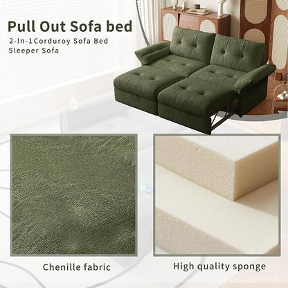 81.5" Pull Out Sofa Bed Full Size, Pre-Assembled Chenille Sleeper Sofa, Convertible Loveseat Futon Couch with Tufted, Pillows, for Apartment, Living Room, Small Spaces, dorms, Green