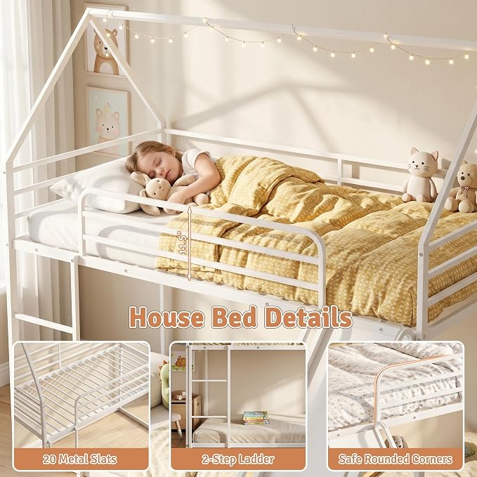 Bunk Bed with Slide, Twin Over Twin Bunk Bed with Ladder and Guardrail, Space Saving & Heavy Duty House Loft Bed for Kids, No Box Spring Needed(White)