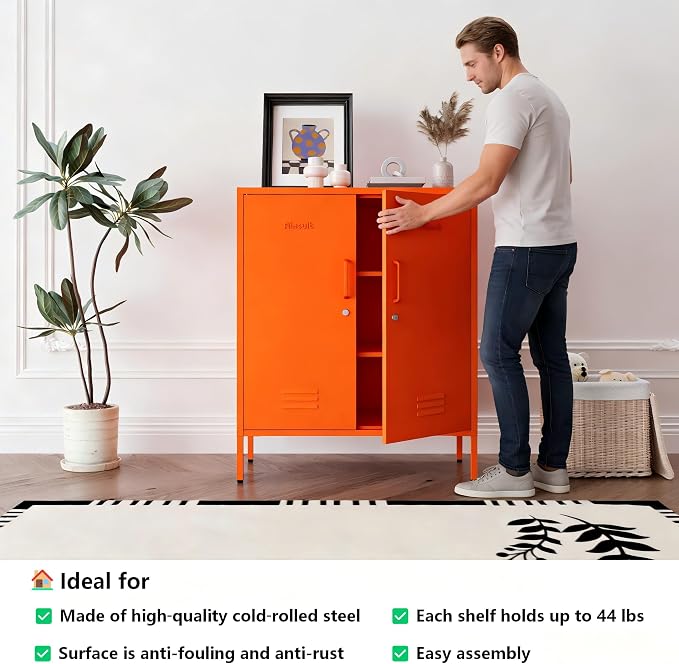 Orange 3 Tier Metal Storage Cabinet with Legs, Lockable 2 Door Metal Locker, Heavy Duty Multipurpose Accent Storage Cabinet with 2 Adjustable Shelves for Home, Office, Entryway and Hallway