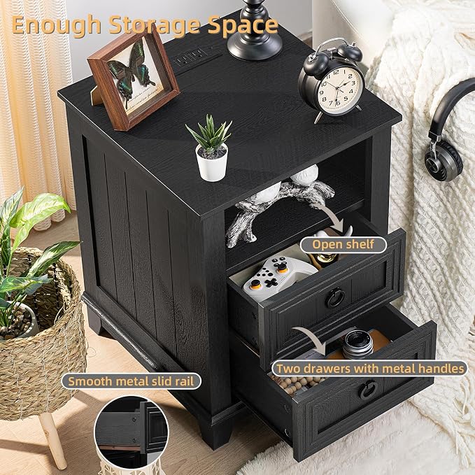 Joaxswe 18" Farmhouse Night Stand with Charging Station, 2 Drawers End Table Dresser for Bedroom, Black Wooden Nightstand, Bed Side Table with Open Shelf, Bedside Cabinet for Living Room, Closet