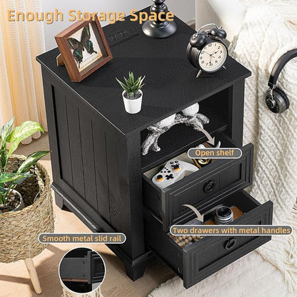 Joaxswe 18" Night Stands Set of 2 with Charging Station, Farmhouse 2 Drawers End Table Dresser for Bedroom, Black Wooden Nightstand, Bed Side Table with Open Shelf, Bedside Cabinet for Living Room