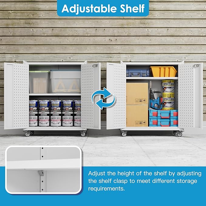 Aobabo 31.5" H Garage Storage Cabinet with Wheels,Lockable Metal Storage Cabinet with 2 Doors for Garage Home Office Storage,White,Assembly Required