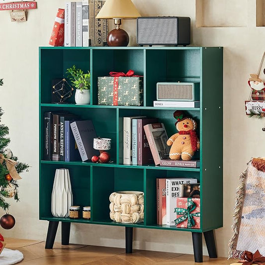 LEYAOYAO 8 Cube Bookshelf,3 Tier Bookcase with Legs,Dark Green Mid-Century Modern Bookshelves,Large Open Storage Organizer Shelf, Wooden Book Case