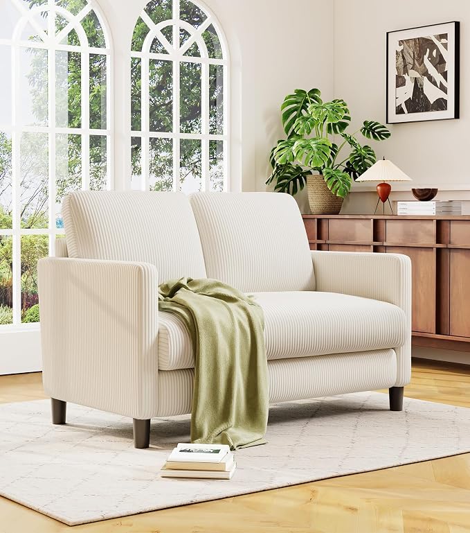 Welzona Loveseat Sofa, 51" Love Seat, Comfy Corduroy Small Loveseat for Small Spaces, Tool-Free Setup Couch for Bedroom, All-Wood Couches for Living Room, Beige