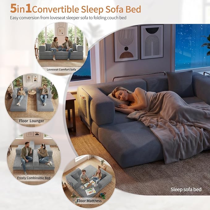 78.8" Convertible Sofa Bed with Armrest Pillow, 4-in-1 Sleeper Couch Bed for Livingroom, Modular Corduroy Boneless couches, No Assembly (Grey)