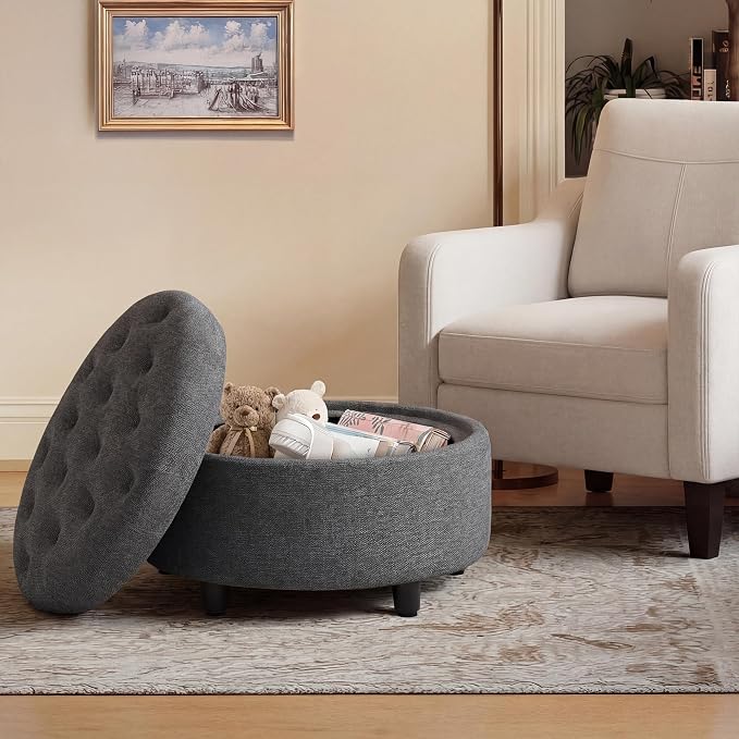 COLAMY Fabric Round Storage Ottoman with Reversible Tray Lid – Multi-Functional Footrest, Hidden Storage, Sturdy & Stylish Small Coffee Table for Living Room, Bedroom, or Entryway(Dark Grey)