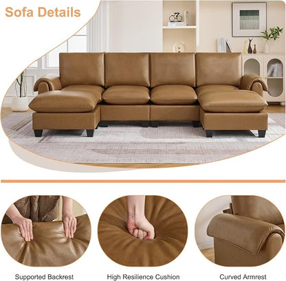 118" Faux Leather Modular Sectional Sofa with 2 Ottoman, Oversized 4 Seater Couch with Curved Armrests, Cloud Modern U-Shaped Sofa Deep Seat for Living Room, Light Brown