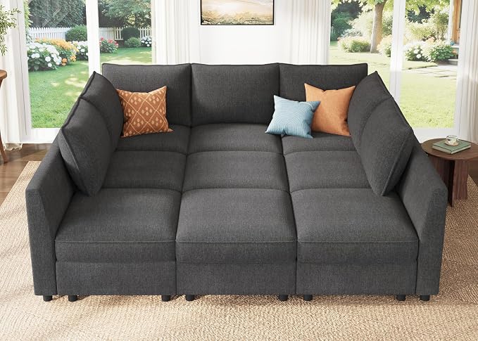 HONBAY Modular Sectional Sleeper Sofa with Storage, Modular Convertible Sectional Couch Bed Module Sleeper Couches for Living Room - Snowflake Velvet Grey
