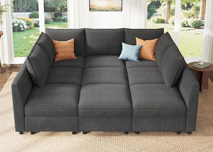 HONBAY Modular Sectional Sleeper Sofa with Storage, Modular Convertible Sectional Couch Bed Module Sleeper Couches for Living Room - Snowflake Velvet Grey