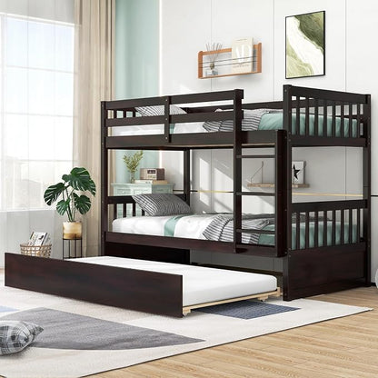 MAT EXPERT Twin Over Twin Bunk Bed with Trundle, Solid Wood Bunk Bed Frame w/Ladder, Slats & Rail, Convertible Twin Size Platform Bed for Kids, Space-Saving Bunk Beds for Bedroom Dorm (Espresso)