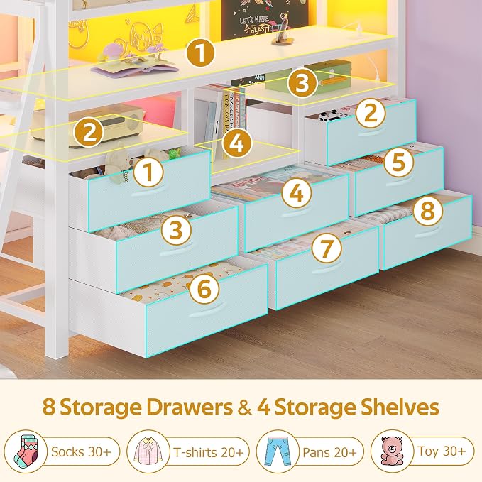 busyaeh Low Bunk Bed,Bunk Bed Full Over Twin with 8 Drawers & 4 Shelves | bunk Bed with Desk & 15" H Safety Guardrail & LED Lights and Charging Station,L-Shaped Bunk Beds with Stairs,White bunk bed