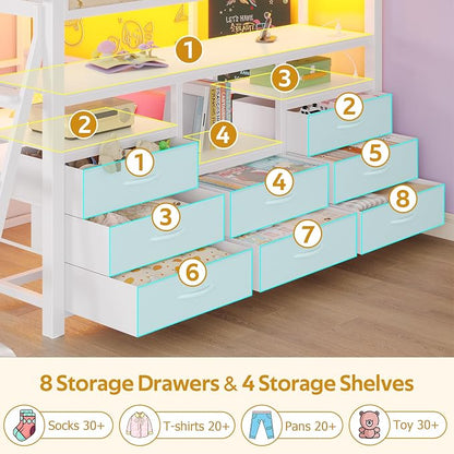 busyaeh Low Bunk Bed,Bunk Bed Full Over Twin with 8 Drawers & 4 Shelves | bunk Bed with Desk & 15" H Safety Guardrail & LED Lights and Charging Station,L-Shaped Bunk Beds with Stairs,White bunk bed
