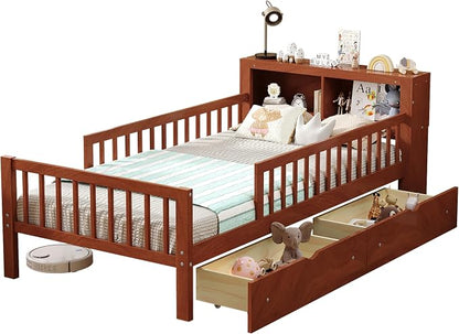 Kids Twin Size Bed Frame with Storage Drawers and Bookcase,Wood Twin Bed Frames for Kids,Twin Bed Frame with Headboard and Footboard for Boys Girls,No Box Spring Needed,Walnut