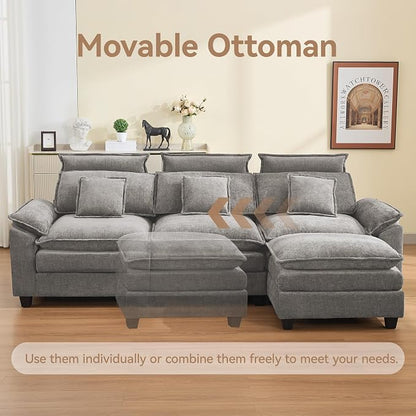103'' Cloud Modern 3 Seater Couch with Detachable Headrest, Modular Sectional Sofa with Ottoman, Oversized L Shape Chenille Comfy Sofa with Armrests for Living Room, Light Grey