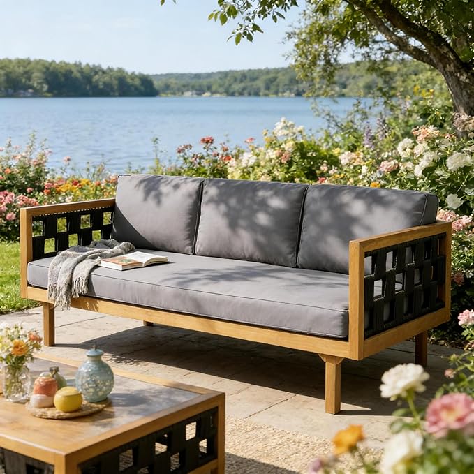 Merax Outdoor 3 Seater Daybed, Acacia Wood Patio Day Bed Couch Sofa with Cushions & Stylish Rope Weave Armrest, 67.5" L Outdoor Seating for Gardern Deck Porch Balcony, Dark-Grey
