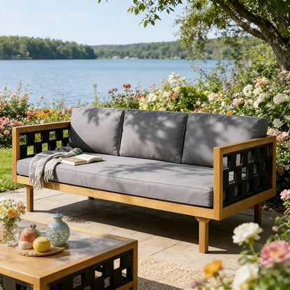 Merax Outdoor 3 Seater Daybed, Acacia Wood Patio Day Bed Couch Sofa with Cushions & Stylish Rope Weave Armrest, 67.5" L Outdoor Seating for Gardern Deck Porch Balcony, Dark-Grey