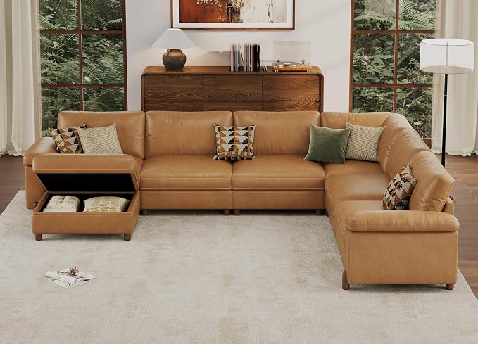 SITJOY Large Cloud Couch, 138" Wide 6 Seater U Shape, Faux Leather in Brown | Pet-Friendly Scratch-Resistant Leather Sectional Sofas for Living Room, Deep Seat Wide Couch with Chaise, Storage Ottoman