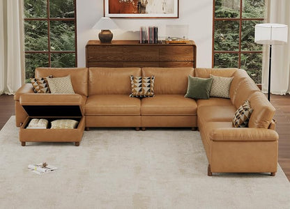 SITJOY Large Cloud Couch, 138" Wide 6 Seater U Shape, Faux Leather in Brown | Pet-Friendly Scratch-Resistant Leather Sectional Sofas for Living Room, Deep Seat Wide Couch with Chaise, Storage Ottoman