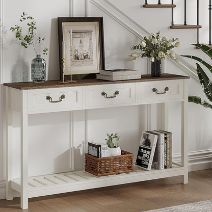 ChooChoo Farmhouse Console Table with 3 Drawers, Rustic Entryway Table, Narrow Long Sofa Table for Living Room, Hallway, Behind Couch, Soft White and Brown