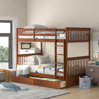 Merax Twin-Over-Twin Bunk Bed with Two Storage Drawers, Solid Wood Twin Size Bunk Bed with Guardrial and Removble Ladder, Can be Converted Into 2 Separate Beds, Walnut