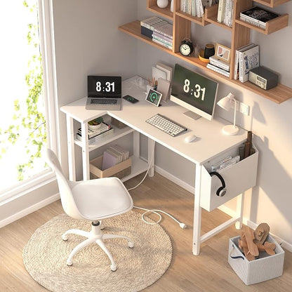 Lufeiya White L Shaped Computer Desk with Power Outlet Shelves, 40 Inch Small Reversible Corner Desk for Small Space Home Office, L-Shaped Desk PC Desks, White