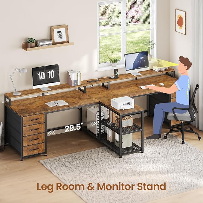 SEDETA 94.5" 2 Person Gaming Desk, Long Office Computer Desk with 8 Drawers & LED Lights, Two Person Desk with Storage, Power Strip & Monitor Stand for Home Office, Rustic Brown