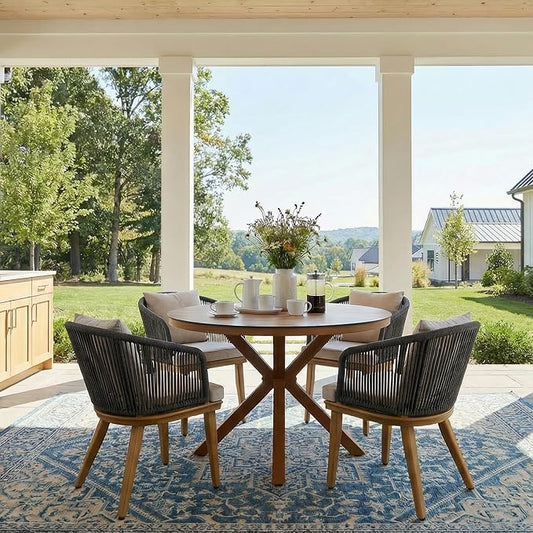 PURPLE LEAF 5 Pieces Patio Dining Set Wicker Outdoor Furniture Oversize Round Table and Chairs Set for Garden Deck Teak-Finish Aluminum Frame Backyard Kitchen Set, Cushions and Pillows Included