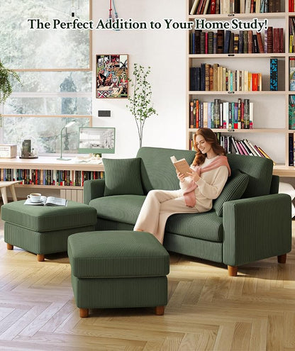 Welzona 70.2" Couches for living room, Comfy U Shaped Couch Green 7.1" Thicker Cushion, Sofas for Living Room Tool-Free Setup, Loveseat with Ottoman 7058lbs Support, Corduroy Couch for Bedroom, Office