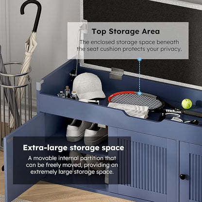 40" Storage Bench - Entryway Shoe Bench with 3 Doors and Top Storage Area, Multifunctional Entryway Bench with Lift Top Cushion, Shoe Storage Bench for Bedroom, Living Room, Navy Blue