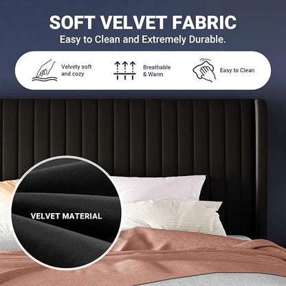Allewie King Size Velvet Bed Frame/Vertical Channel Tufted Wingback Headboard/Upholstered Platform Bed/Strong Wooden Slats/No Box Spring Needed/Easy Assembly/Black