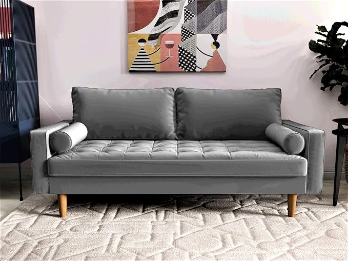 Container Furniture Direct S5457 Mid Century Modern Velvet Upholstered Tufted Living Room Sofa, 69.68", Grey