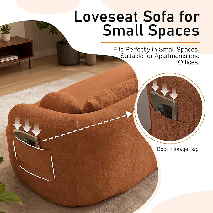 Loveseat Sofa for Small Space, 67.3" Boneless Love Seat Sofa with Side Pocket & 4 Pillows, Foam and Spring Filling, Soft Chenille for Living Room, Apartment, Bedroom, No Assembly