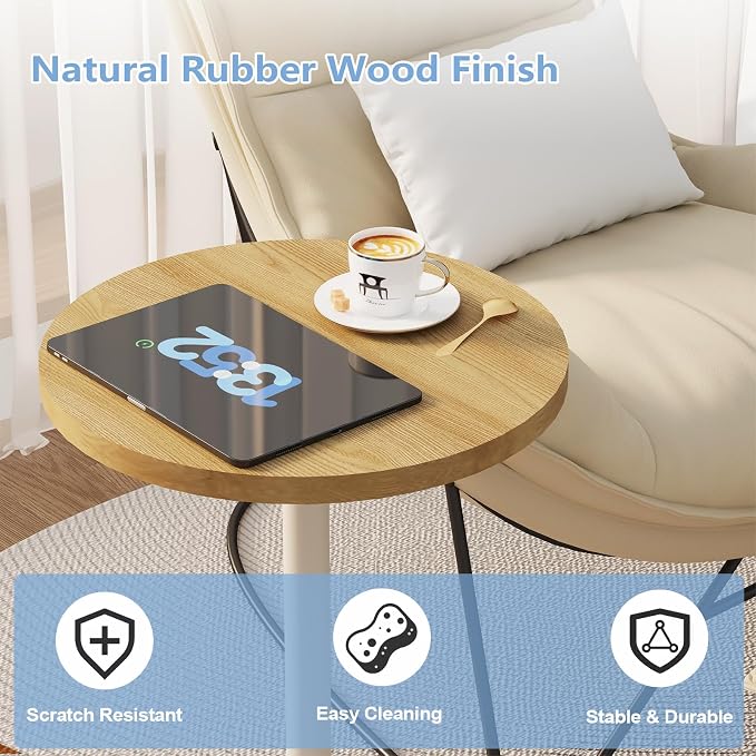 Round Side Table, C Shaped End Table for Small Spaces, Snack Sofa Table for Couch, Modern Accent Night Stand with Metal Leg for Living Room, Bedroom, Corners and Office(Rustic Oak)