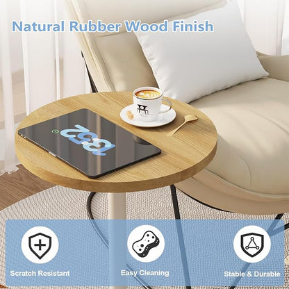 Round Side Table, C Shaped End Table for Small Spaces, Snack Sofa Table for Couch, Modern Accent Night Stand with Metal Leg for Living Room, Bedroom, Corners and Office(Rustic Oak)