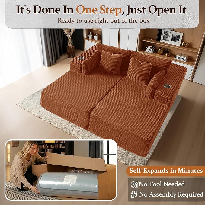 72" Cloud Sectional Couch, Comfort Sleep Sofa for Living Room, Extra Deep Seats No Assembly, Minimalist Modular Couch, Corduroy (Deep Orange, Loveseat Chaise)