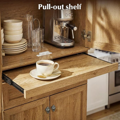 72.2" Tall Kitchen Pantry Cabinet with Doors, Farmhouse Storage Cabinet with Charging Station & LED Light, Drawer, Adjustable Shelves and Pull-Out Shelves, Oak Wood Pantry Cupboard for Dining Room