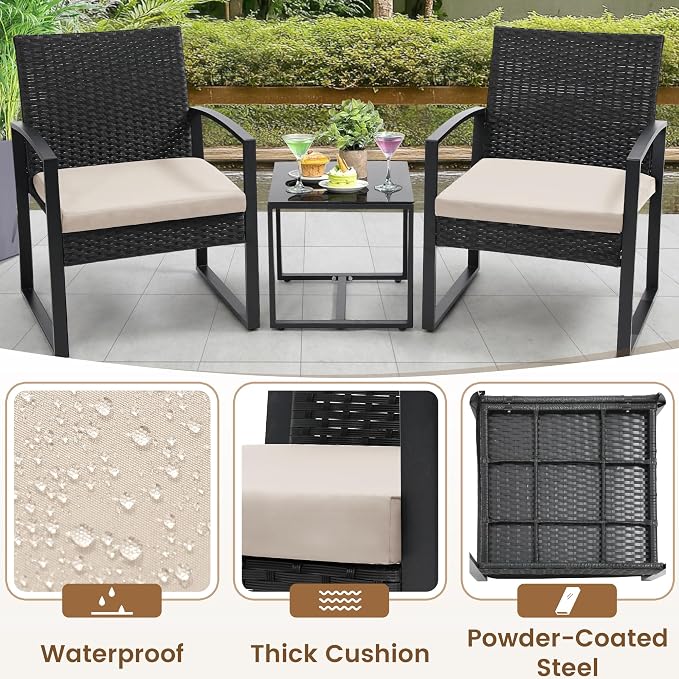 3 Piece Outdoor Wicker Bistro Set, Rattan Patio Conversation Set with Coffee Table & Washable Cushions for Porch Yard Balcony, Black/Beige
