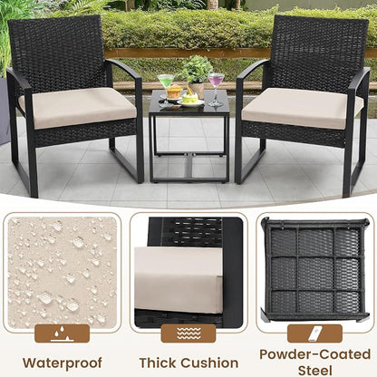 3 Piece Outdoor Wicker Bistro Set, Rattan Patio Conversation Set with Coffee Table & Washable Cushions for Porch Yard Balcony, Black/Beige