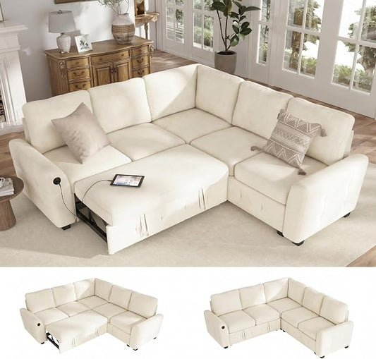 Hanherry Sectional Couch with Pull Out Sofa Bed,Chenille Sleeper Sofa with 2 Seat Storage & USB Charging,Comfy L Shaped Modular Couches for Living Room,Apartment