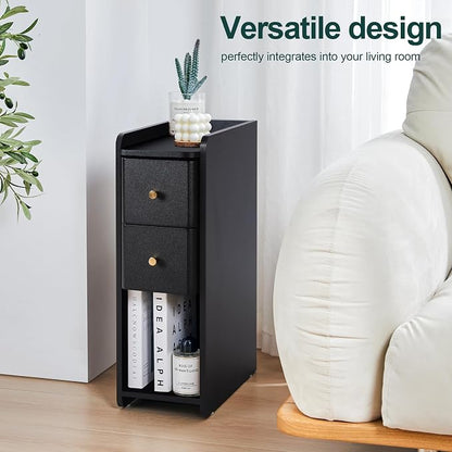 Narrow End Table Bedroom, Wooden Small 2 Drawer Nightstand, Thin Couch Side End Table, Skinny Bedside Table Small Spaces, Mid Century Modern Night Stand with Drawers (Black-1 pc)