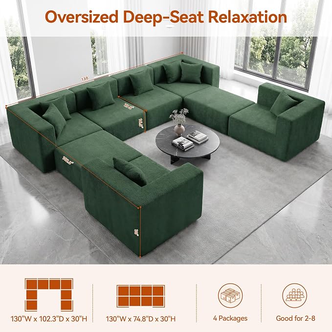 MONVANE Modular Sectional Sofa, Oversized 8 Seat Convertible U Shaped Couch with Ottoman, Comfy Teddy Velvet Cloud Couch with Deep Seat, Sectional Couches for Living Room, No Assembly Required, Green