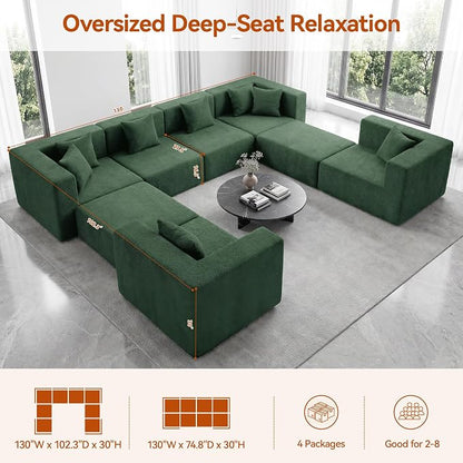 MONVANE Modular Sectional Sofa, Oversized 8 Seat Convertible U Shaped Couch with Ottoman, Comfy Teddy Velvet Cloud Couch with Deep Seat, Sectional Couches for Living Room, No Assembly Required, Green