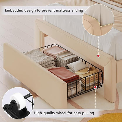 Feonase Twin Upholstered Bed Frame with Storage Drawers and Headboard, Built-in Charging Station, Velvet Platform LED Bed with Solid Wood Slat Support, No Box Spring Needed, for Girls and Kids, Beige