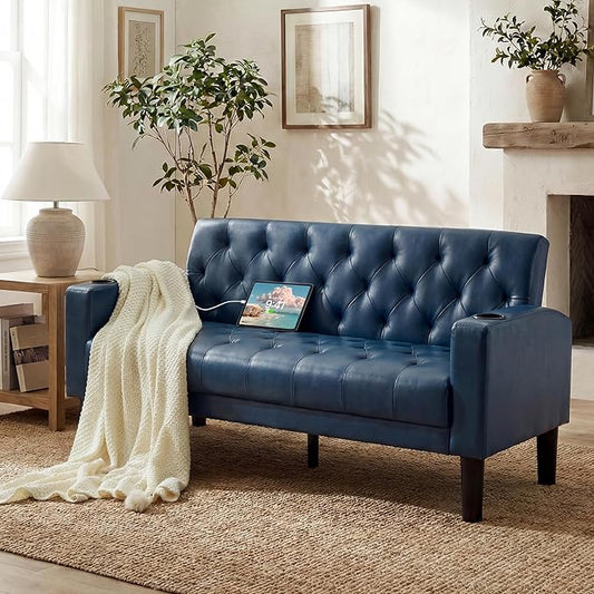 TYBOATLE 62" W Leather Loveseat w/ 2 USB and 2 Cupholders, Mid-Century Modern Tufted Small Love Seat Couches for Office, Living Room, Bedroom, Dorm (1, Blue)
